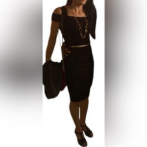Express Fishnet Black Pencil Skirt and Crop Top Set